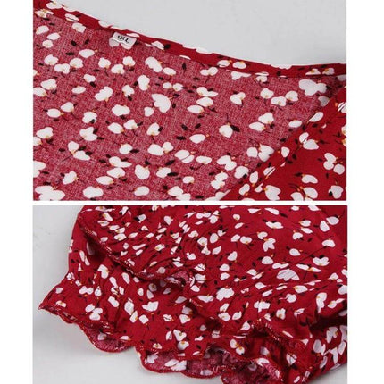 Women's Plus Size Floral Cotton Sun Dress in Rouge Color close-up of red floral cotton fabric and ruffled hem