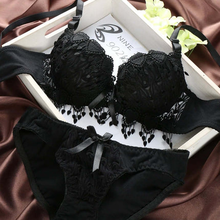 Elegant Lace Gathered Bra Set for Young Women with Style Options - black lace bra and panty set on satin tray