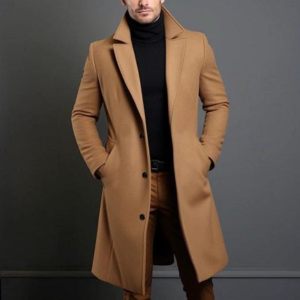 Men's Slim Fit Mid-Length Trench Coat for Fall and Winter in camel woolen fabric on model, tailored slim fit and straight hem
