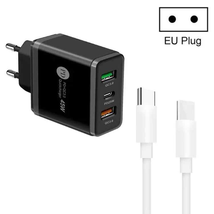 45W PD3.0 + 2 x QC3.0 USB Multi Port Charger EU Plug