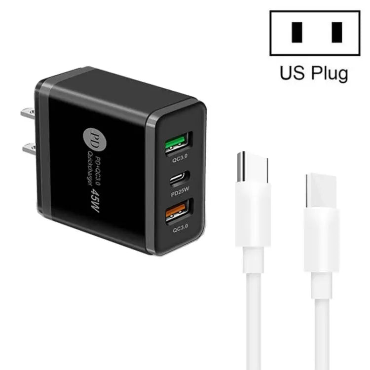 45W PD3.0 + 2 x QC3.0 USB Multi Port Charger US Plug