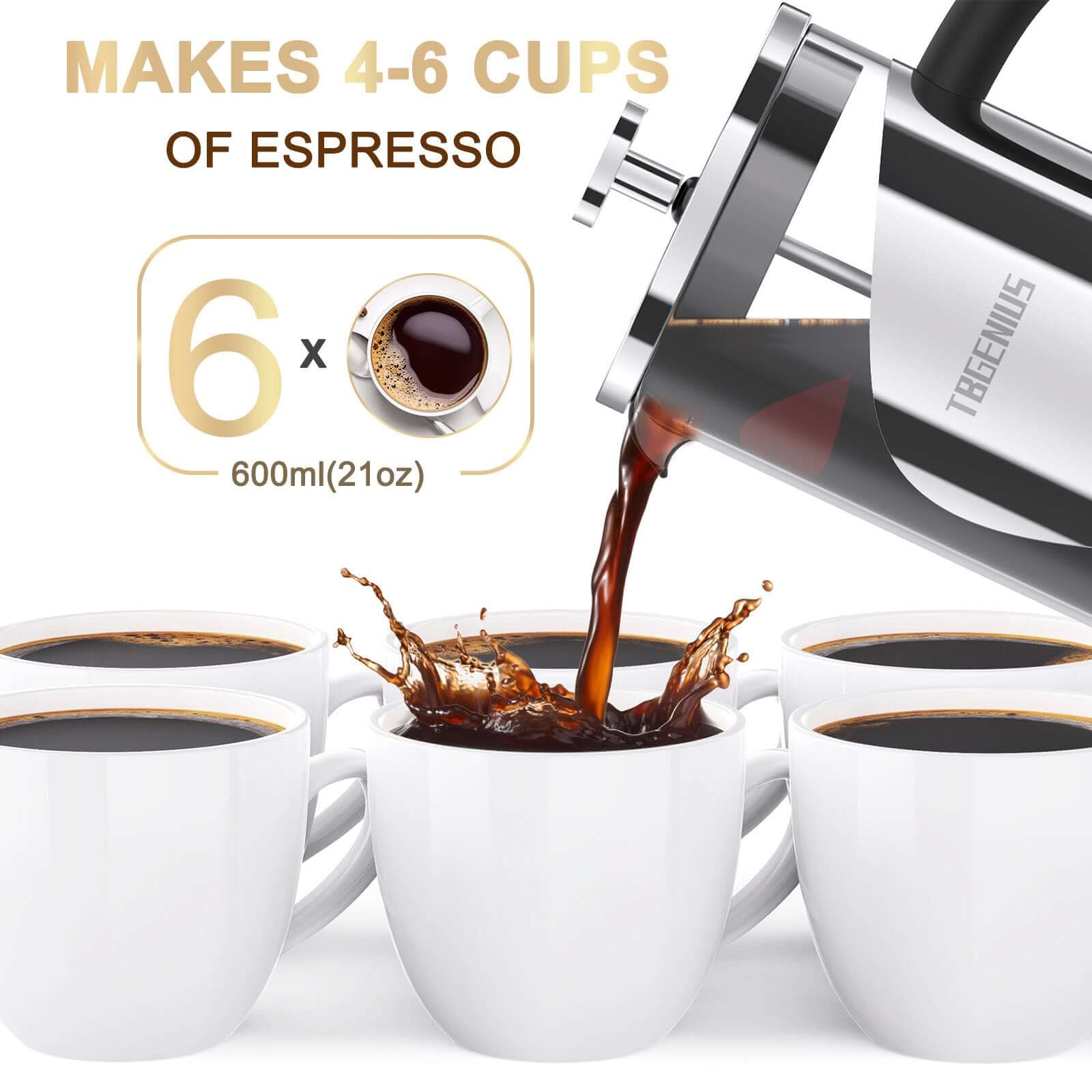 TBGENIUS 600ml French Press Coffee Maker pouring coffee into multiple cups, making 4-6 cups of espresso, perfect for coffee lovers.