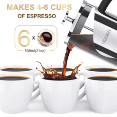 TBGENIUS 600ml French Press Coffee Maker pouring coffee into multiple cups, making 4-6 cups of espresso, perfect for coffee lovers.