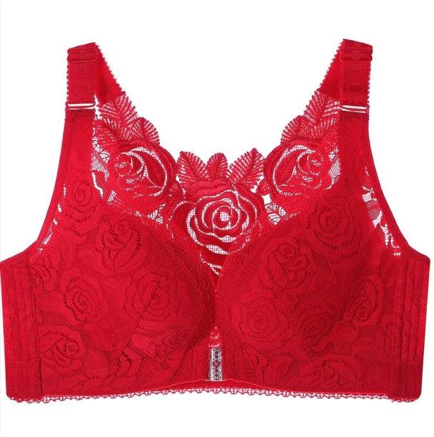 Elegant red lace push-up bra with adjustable buckle, designed for plus-size comfort, featuring a beautiful floral back design.