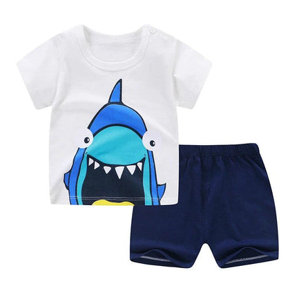 Soft Cotton Short Sleeve T-Shirt and Shorts for Toddlers - White shark print tee with navy shorts, 1-3 years, breathable 100% cotton set