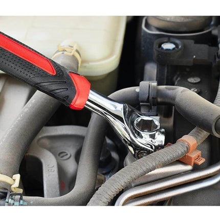 48-In-1 Socket Wrench, Double-Ended Home Repair Tool - chrome double-ended wrench with red-black handle working on car hose in tight engine space