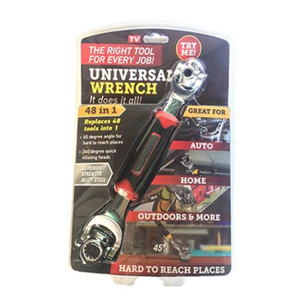 48-In-1 Socket Wrench, Double-Ended Home Repair Tool in retail packaging showing dual-ended chrome-plated wrench with red-black handle