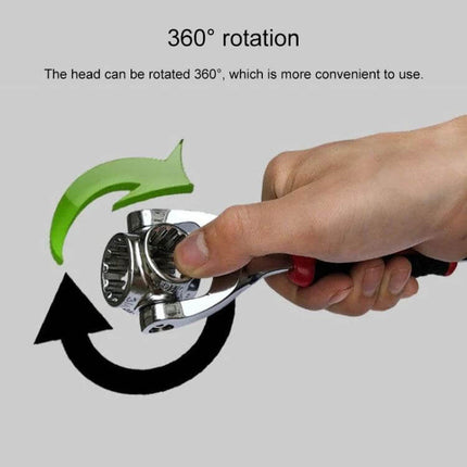 48-In-1 Socket Wrench, Double-Ended Home Repair Tool showing hand-held chrome-plated double-ended wrench with 360° rotating head for compact DIY repairs
