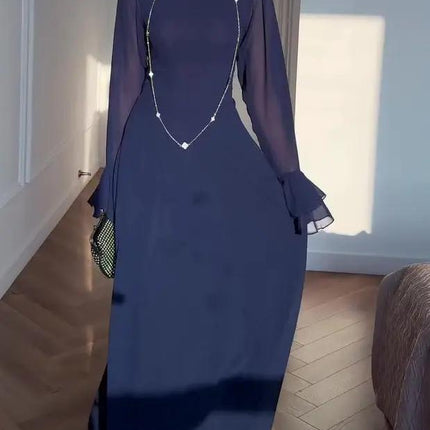 Navy Blue Trumpet Sleeve Tie Maxi Dress For Everyday Wear