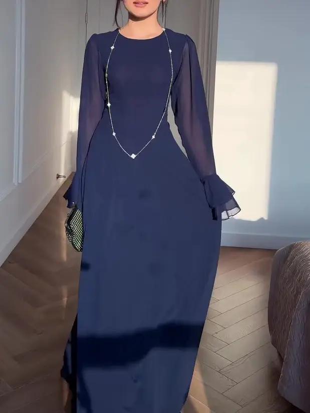 Navy Blue Trumpet Sleeve Tie Maxi Dress For Everyday Wear