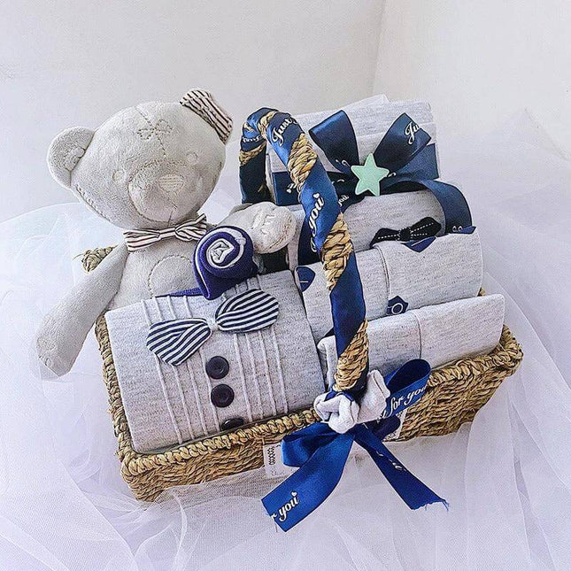 Infant Unisex Clothes Set for Autumn and Winter Gift Box featuring soft cotton outfit, accessories and teddy in woven gift basket