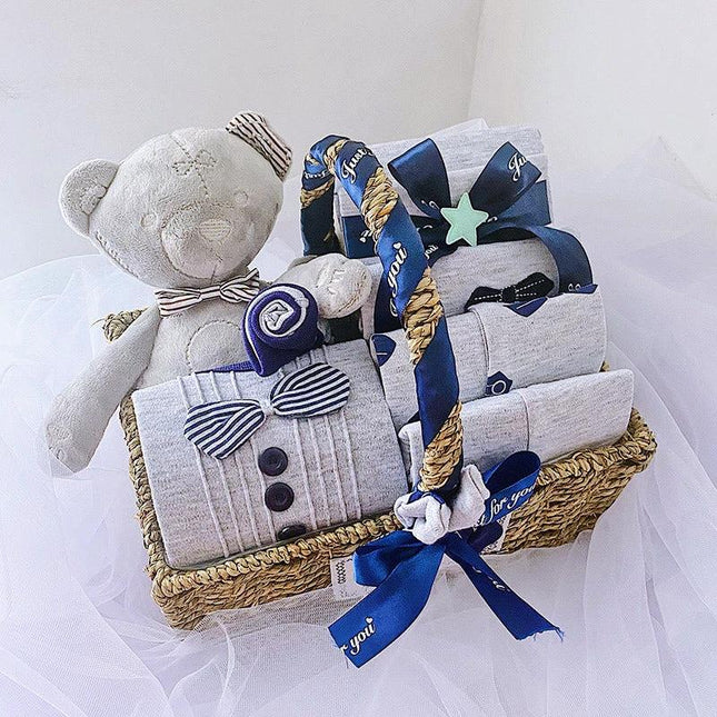 Infant Unisex Clothes Set for Autumn and Winter Gift Box in wicker basket with plush bear and navy ribbon accessories