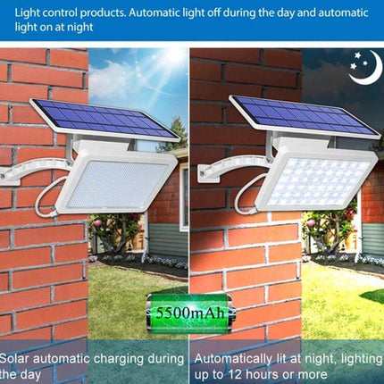 48LED Detachable Solar Light IP65 Waterproof Outdoor Courtyard Lamp mounted on brick wall showing daytime charging and automatic night lighting, 5500mAh battery