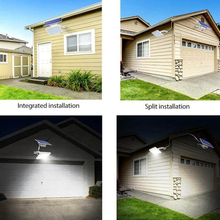 48LED Detachable Solar Light IP65 Waterproof Outdoor Courtyard Lamp shown in integrated and split installations lighting garage and courtyard