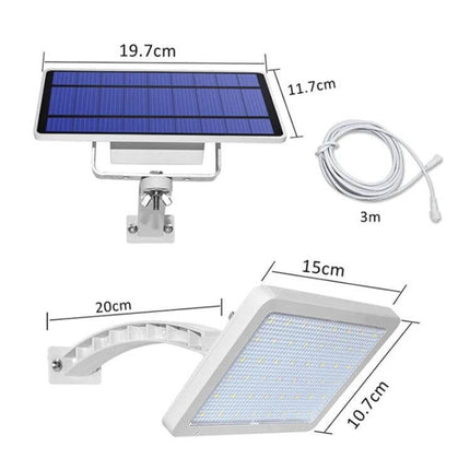 48LED Detachable Solar Light IP65 Waterproof Outdoor Courtyard Lamp showing solar panel, 3m extension cable, bracket and LED light with dimensions