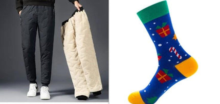 Men's Comfortable Padded Cotton Blend Trousers for Daily Use - Black padded middle waist trousers shown with beige lining, paired with colorful holiday sock