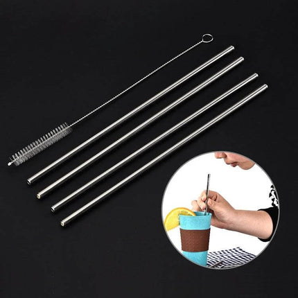 4 Pack Reusable Stainless Steel Drinking Straws With Cleaning Brush Kit Straight - 4 silver-tone 304 stainless steel straight straws with cleaning brush for drinks