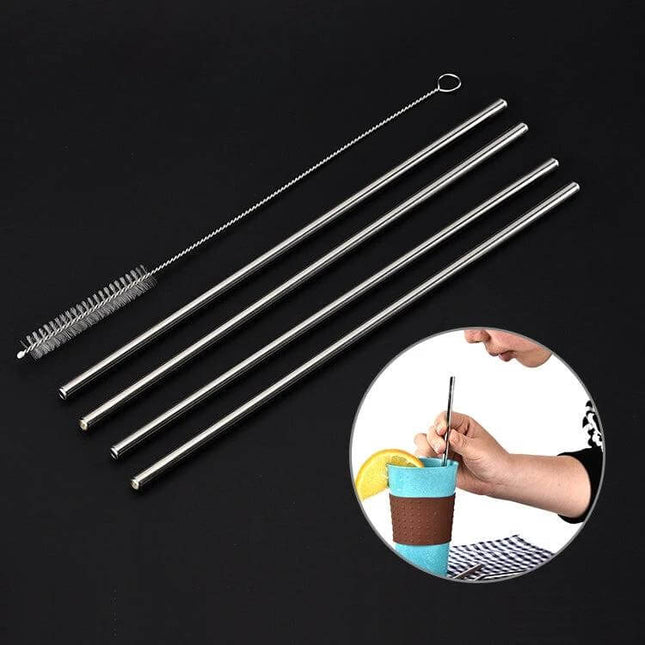 4 Pack Reusable Stainless Steel Drinking Straws With Cleaning Brush Kit Straight - 4 silver-tone 304 stainless steel straight straws with cleaning brush for drinks