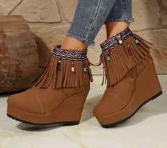 Fringe Suede Wedge Boots