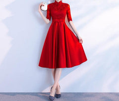 Sophisticated Long Sleeve Versatile Business and Evening Dress Stand up collar red midlength