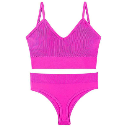 Women's Comfortable Wireless Push-Up Sports Bra for Daily Activities - bright pink wireless push-up sports bra set with ribbed thin mould cups