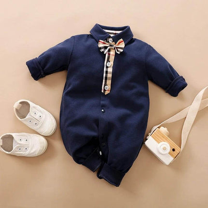 Soft Cotton Gentleman's Long-Sleeved Baby Romper for Daily Wear - navy gentleman-style long-sleeve infant romper with bow tie and shoes