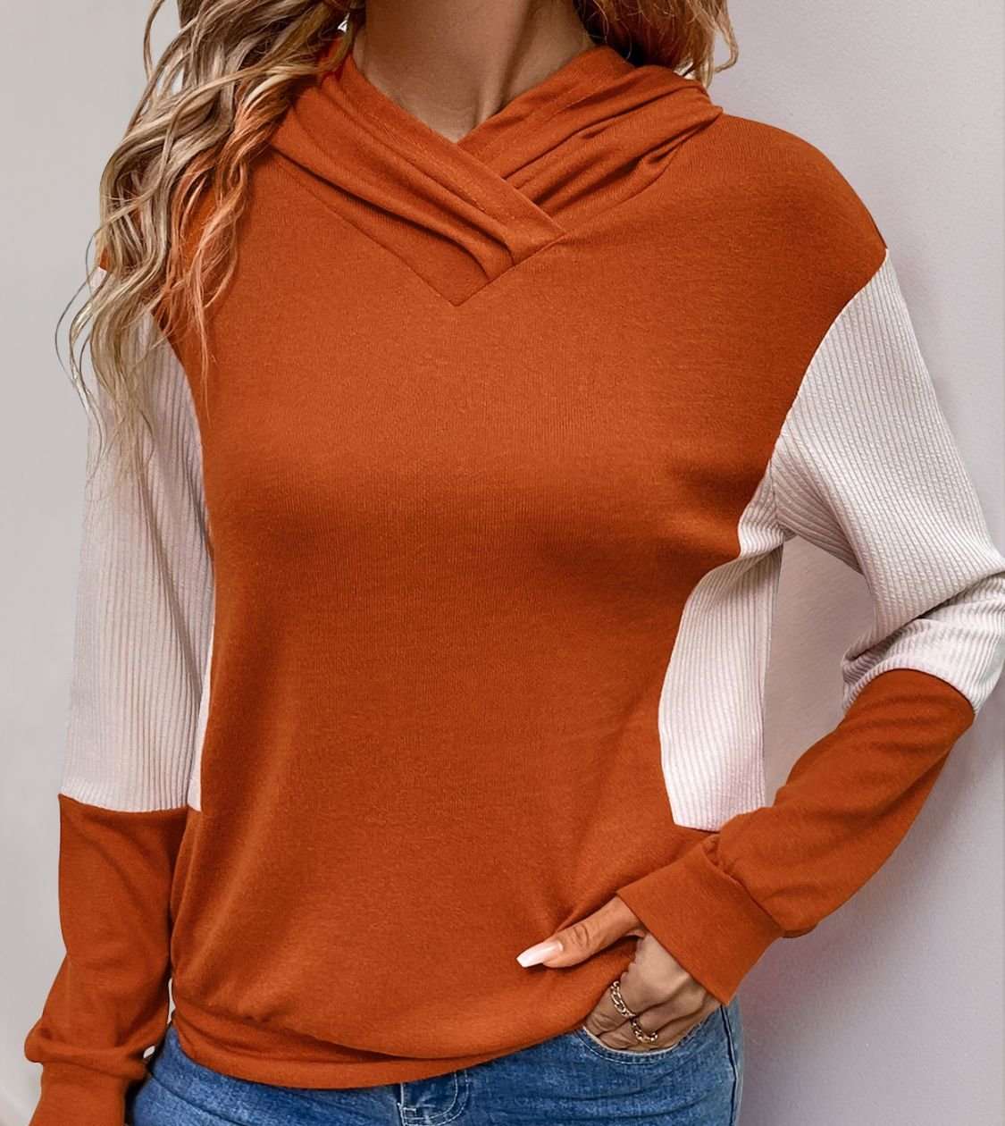 Perfee Contrast Long Sleeve Hoodie