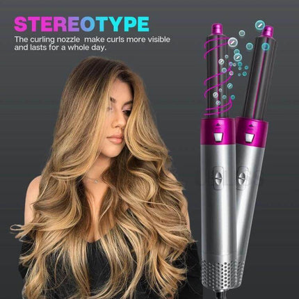 5-In-1 Hot Air Comb For Wet Or Dry Hair - Silver Rose Red showing dual-barrel hot air styling tool with model and voluminous curls