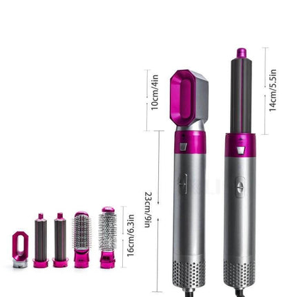 5-In-1 Hot Air Comb For Wet Or Dry Hair - Silver Rose Red, multi-attachment styler with 1000W motor and 10 heat settings, silver and rose red