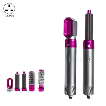5-In-1 Hot Air Comb For Wet Or Dry Hair - Silver Rose Red shown with five attachments including round brush, smoothing nozzle and barrels in silver and rose red