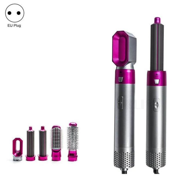 5-In-1 Hot Air Comb For Wet Or Dry Hair - Silver Rose Red showing silver body with rose-red attachments and EU plug