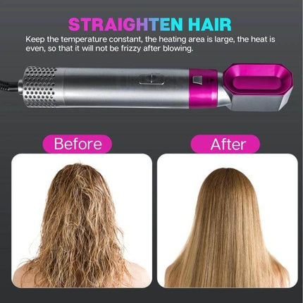 5-In-1 Hot Air Comb For Wet Or Dry Hair - Silver Rose Red showing device and before-and-after frizzy to smooth straight hair results