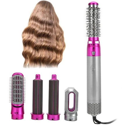 5-In-1 Hot Air Comb For Wet Or Dry Hair - Silver Rose Red showing device with round brush, multiple barrel attachments and smooth wavy hair result