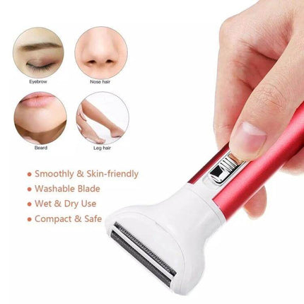 5 In 1 Shaver Nose Trimmer Eyebrow Kit For Women Daily Grooming compact red electric trimmer showing washable blade and interchangeable heads for eyebrow nose leg