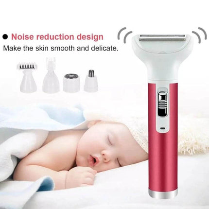 5 In 1 Shaver Nose Trimmer Eyebrow Kit For Women Daily Grooming compact red electric trimmer with multiple heads shown next to sleeping baby