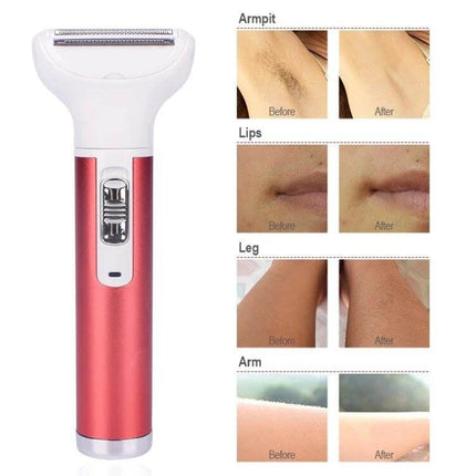 5 In 1 Shaver Nose Trimmer Eyebrow Kit For Women Daily Grooming showing red electric trimmer with before and after armpit, lip, leg and arm results