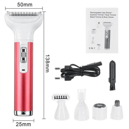 5 In 1 Shaver Nose Trimmer Eyebrow Kit For Women Daily Grooming compact red aluminum alloy electric grooming kit with five heads, USB charger and cleaning brush