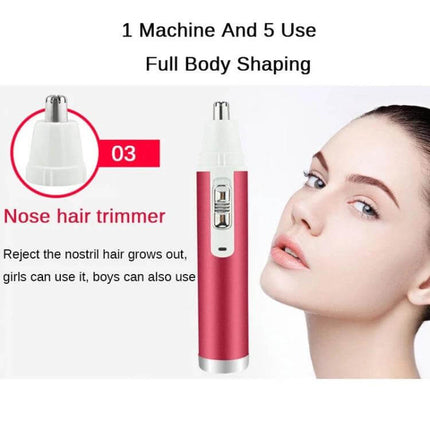 5 In 1 Shaver Nose Trimmer Eyebrow Kit For Women Daily Grooming compact red electric grooming tool with nose trimmer head and model portrait