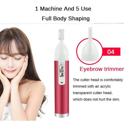 5 In 1 Shaver Nose Trimmer Eyebrow Kit For Women Daily Grooming compact red trimmer with eyebrow attachment for precise shaping and travel grooming
