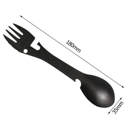 5 In 1 Outdoor Camping Tool Stainless Steel For Camping Trips compact black spork with bottle and can opener, 180mm lightweight camping utensil