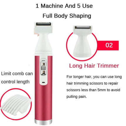 5 In 1 Shaver Nose Trimmer Eyebrow Kit For Women Daily Grooming compact red long hair trimmer with limit comb and interchangeable heads