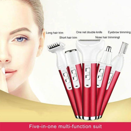 5 In 1 Shaver Nose Trimmer Eyebrow Kit For Women Daily Grooming compact red multi-function electric grooming tool with five heads for nose trim eyebrow shaping