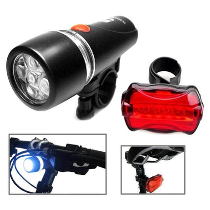 5 LED Water Resistant Bike Front Headlight and Rear Flashlight - black front LED headlight and red rear taillight mounted on bike for day/night visibility
