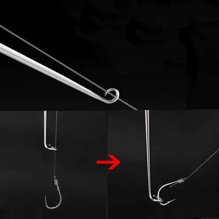 5 Pack Fishing Line Unhooker for Easy Hook Removal - stainless steel spiral head with soft rubber handle shown guiding hook off line
