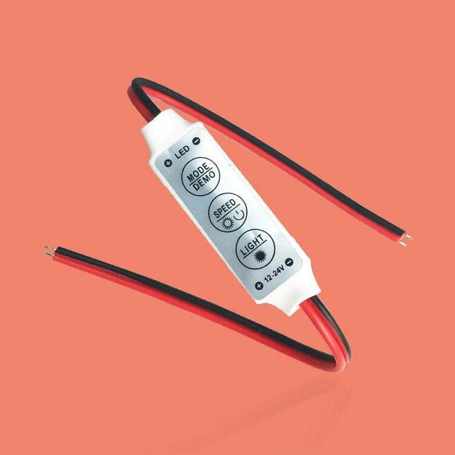 5-Pack Mini 3-Key Dimmer for Single-Color LED Strip Lights - compact white inline dimmer with red and black wires for 12-24V single-color LED strips