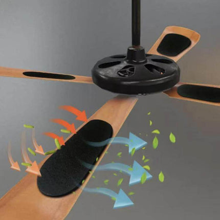 5 Pcs Activated Carbon Fan Blade Filter With Adhesive For Cleaner Air shown mounted on ceiling fan blades trapping dust, smoke and odors