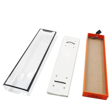 5-Piece Universal Watch Strap Box Gift Box, Long Or Short Orange-Black showing three strap boxes (clear lid, white insert, orange base) for long and short straps