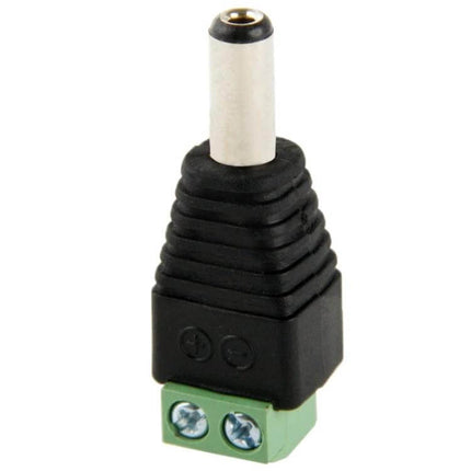 5.5x2.1mm DC Power Jack to Screw-Down 2-Conductor Connector with compact 39mm length and green screw terminals
