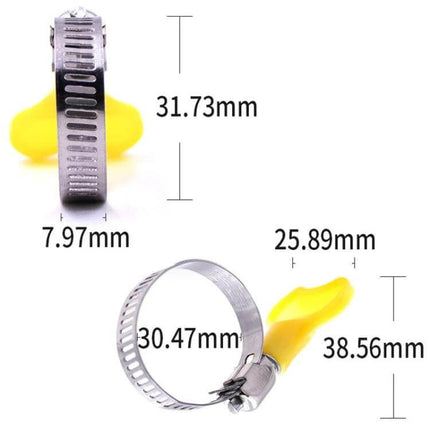 50-Pack Plastic Handle Water Pipe Clamp For Everyday Plumbing, stainless steel band with yellow plastic handle, dimensions 31.73x7.97mm