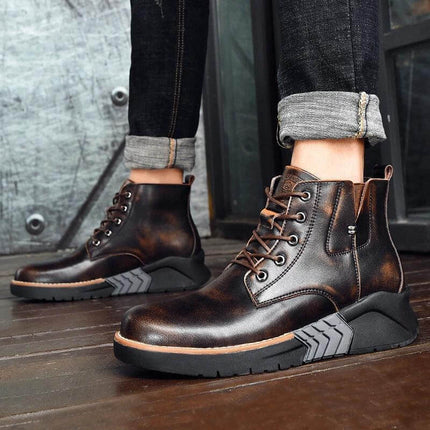 Men's Leather Wedge Martin Boots For Casual Winter Wear - brown cowhide wedge Martin boots with lace-up front for city and short outdoor walks